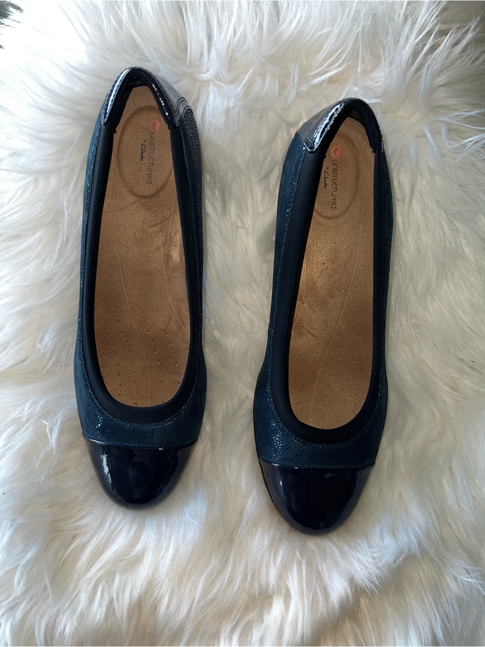 Clarks Navy Patent Cap-Toe Ballet Flats